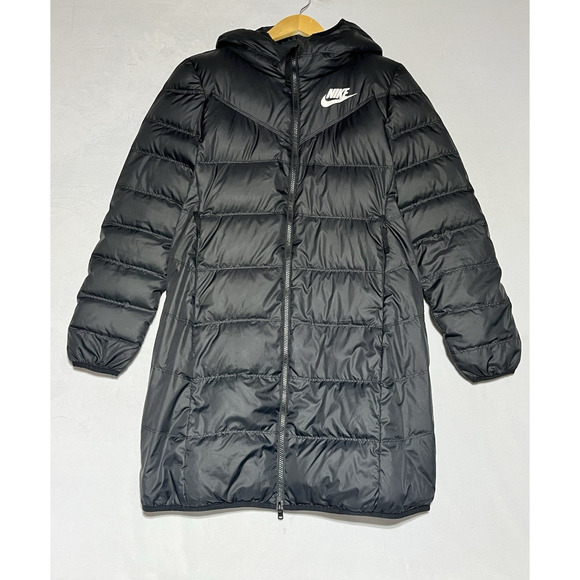 Nike Down Fill Puffer Jacket Parka Coat Womens Small Black White Reversible Long - Picture 1 of 15